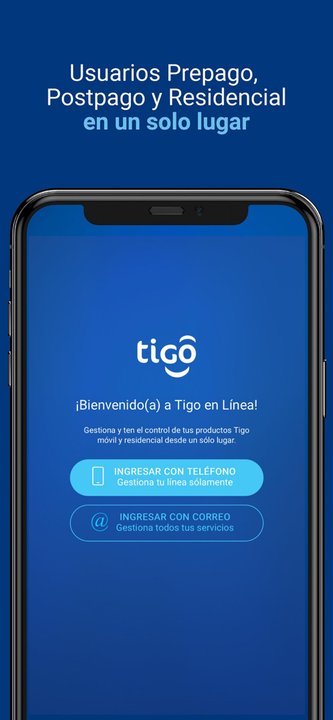Tigo en Línea - Pantalla de bienvenida de la aplicación Tigo en Línea para gestionar servicios prepago, postpago y residenciales