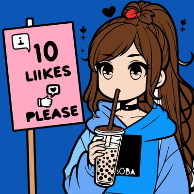 girl with a high ponytail and a hoodie drinking boba staring at a sign saying 10 likes please