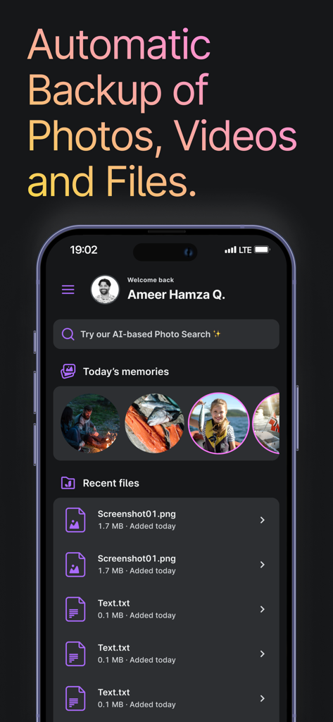Jottacloud - The Jottacloud mobile app interface displaying automatic backup status for photos and recently added files