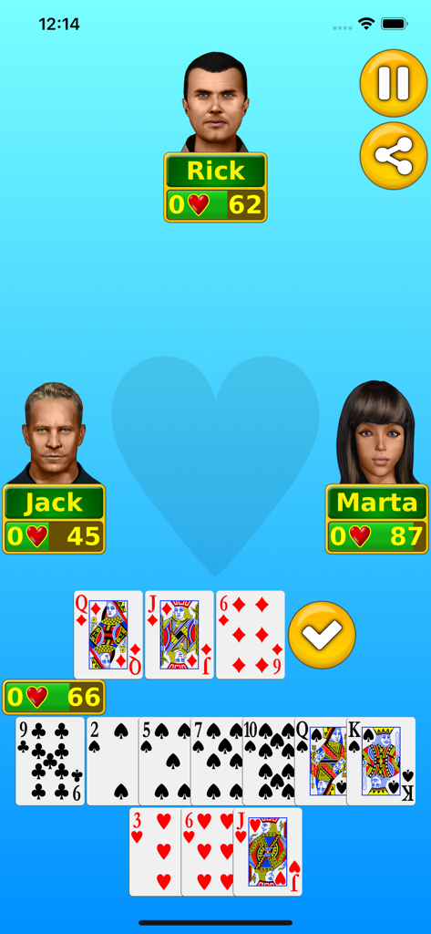 Tela de jogabilidade do jogo de cartas Copas em um celular mostrando a seleção de cartas e oponentes de computador.