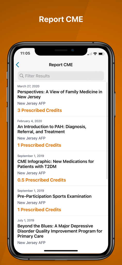 AAFP - AAFP mobile app interface showing a list of medical educational activities and credits for CME reporting.