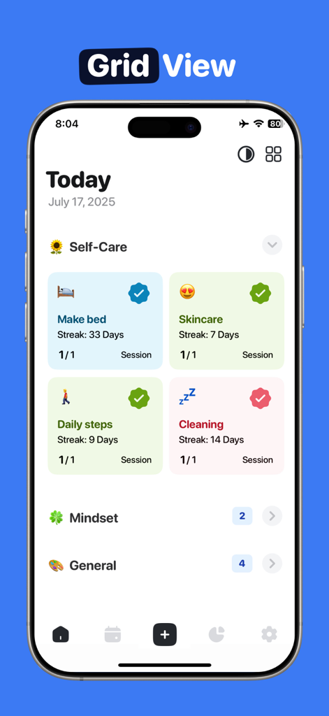 Habit Tracker Rovelist app grid view interface showing self care habits and streaks