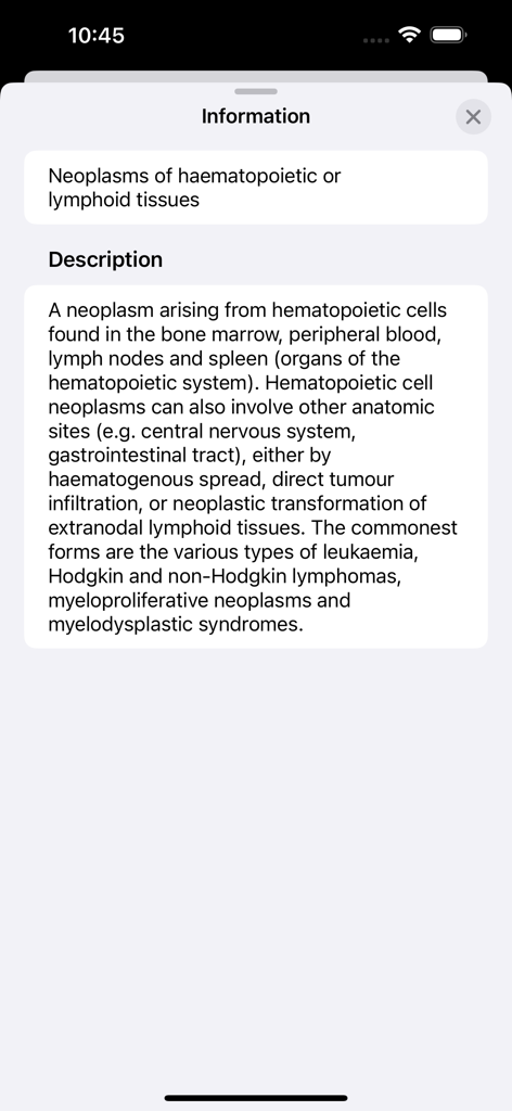 A detailed medical description of haematopoietic and lymphoid tissue neoplasms within the ICD-11 MMS app