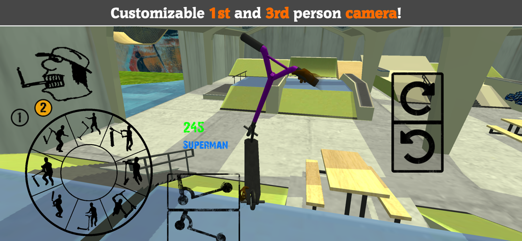 Vista de juego en primera persona de un scooter en un skatepark 3D con una rueda de selección de trucos.