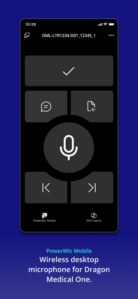 PowerMic Mobile - PowerMic Mobile app interface showing the wireless microphone control for Dragon Medical One