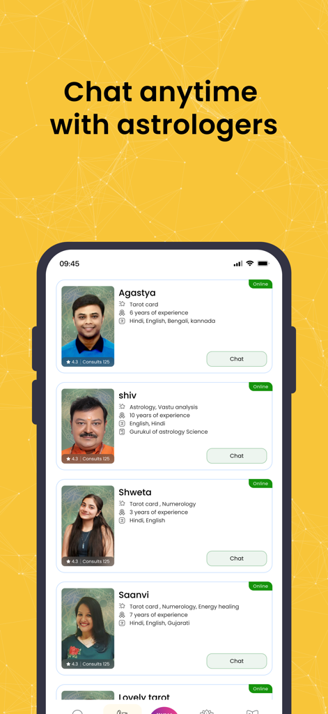 AstroKarma app interface showing a list of verified astrologers and tarot readers available for live chat.