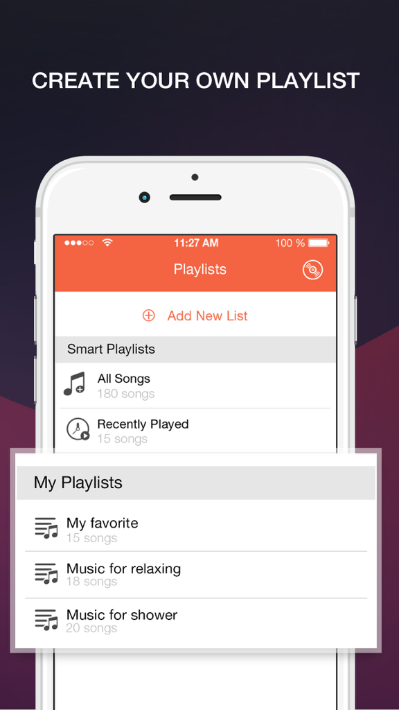 Tela de gerenciamento de playlists no aplicativo Free Music Player mostrando listas de música inteligentes e personalizadas
