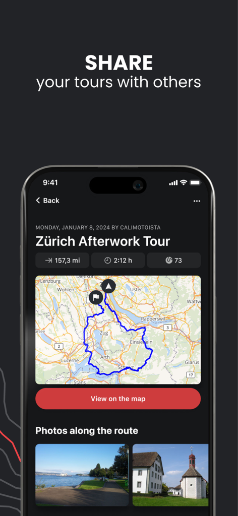 Screenshot of calimoto app showing a shared motorcycle route with distance time and map