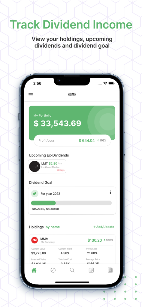 DividendNow app home screen showing total portfolio value dividend goals and upcoming ex-dividend dates