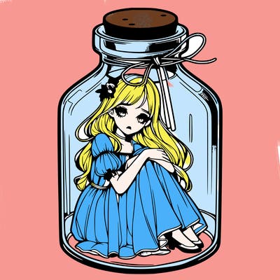 beautiful realistic girl trapped in bottle