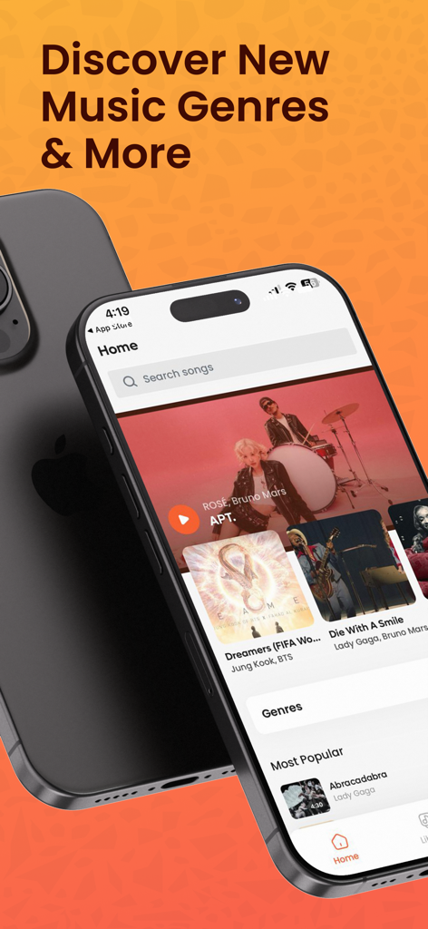 Sound Player app home screen with music genres and popular songs