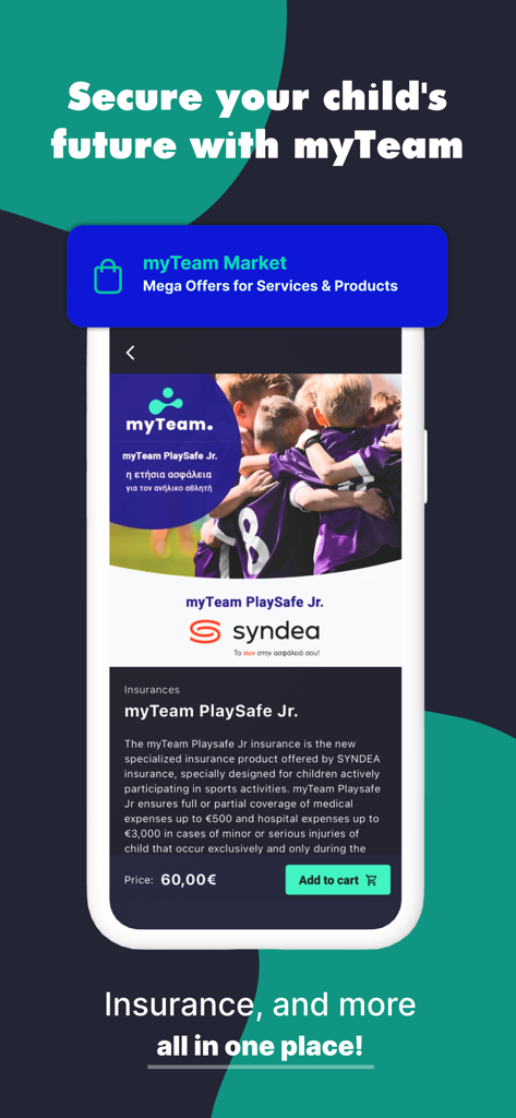 my-Team App - Benutzeroberfläche der myTeam App, die Sportversicherungsoptionen für jugendliche Athleten im Marktplatzbereich anzeigt