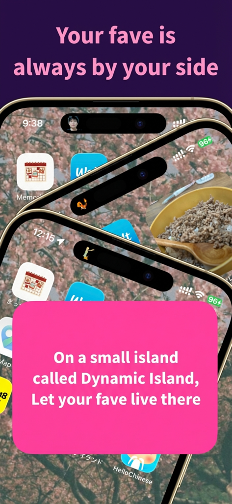 Oshi Island - Pixel Art Widget - Oshi Island App zeigt Pixel-Art-Charaktere auf der iPhone Dynamic Island