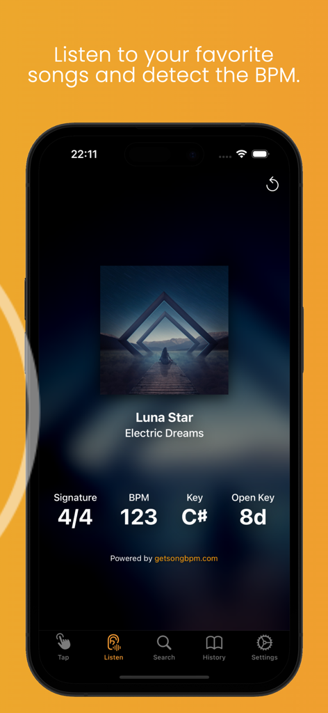 BPM Counter & Detector - BPM Counter app interface showing detected song tempo signature and musical key