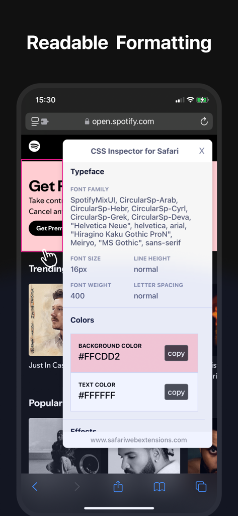 Vista móvil del Inspector CSS para Safari que muestra la familia de fuentes y los códigos de color hexadecimales