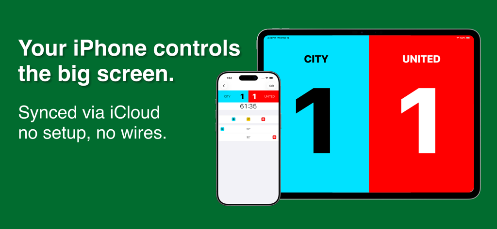 PitchSide - Un iPhone controlando remotamente un marcador de fútbol mostrado en un iPad a través de la sincronización de iCloud