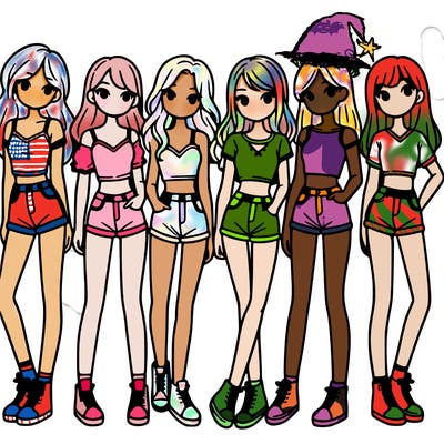 a group of girls wearing crop tops and shorts