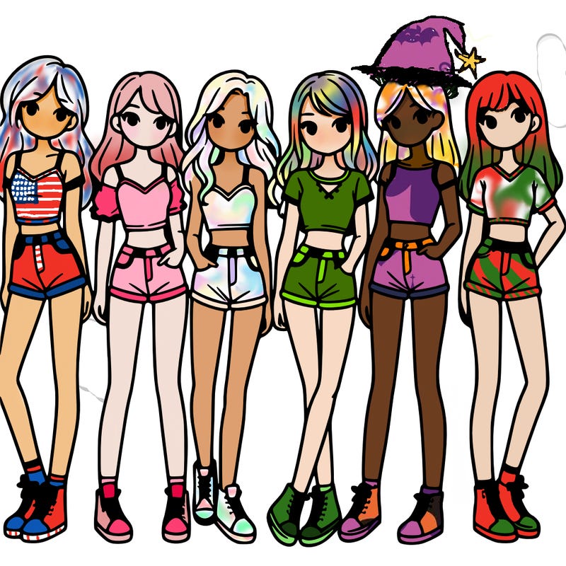 a group of girls wearing crop tops and shorts