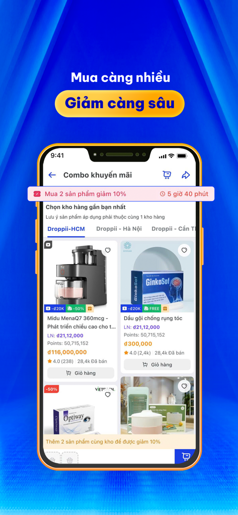 Interface do aplicativo Droppii Biz mostrando combos de promoção de produtos e ofertas de desconto