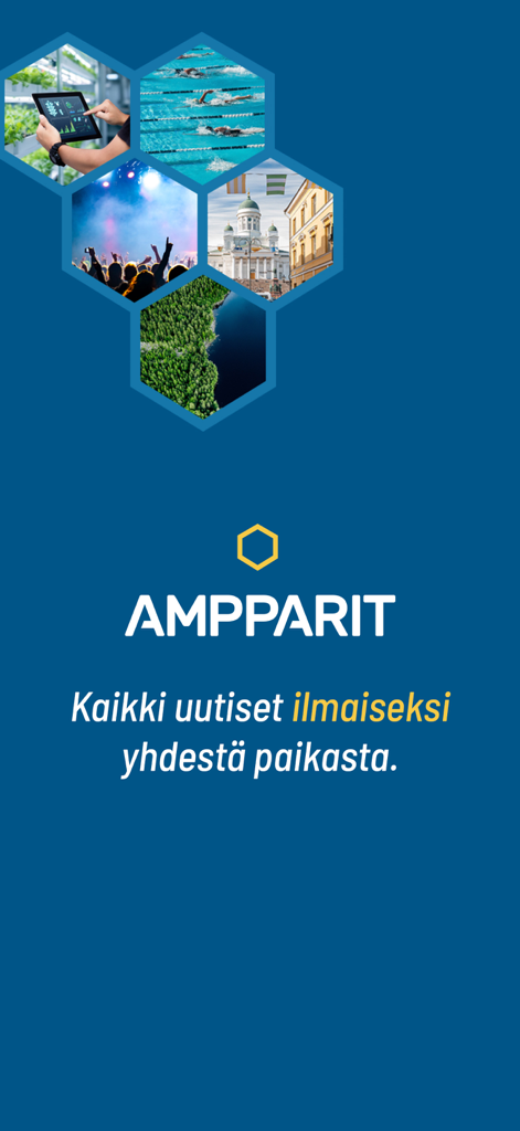 Uutiset – Ampparit.com - Ampparit Finnish news app screen showing various news category images in hexagonal frames