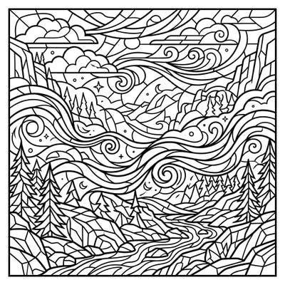 Unleash your creativity with this intricate stained glass coloring page, capturing the serene beauty of a fog-kissed mountain landscape. Enjoy bringing vibrant life to swirling mists, majestic peaks, and flowing rivers.