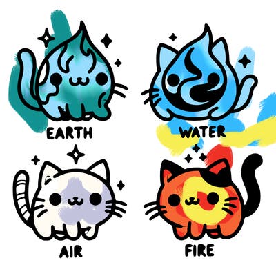 4 cats that represent the different elements, earth, water, air, and fire
