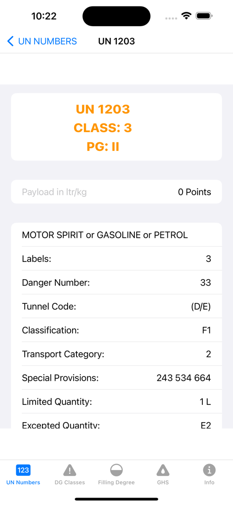 Detailed hazardous material transport information for UN 1203 gasoline in the ADR app