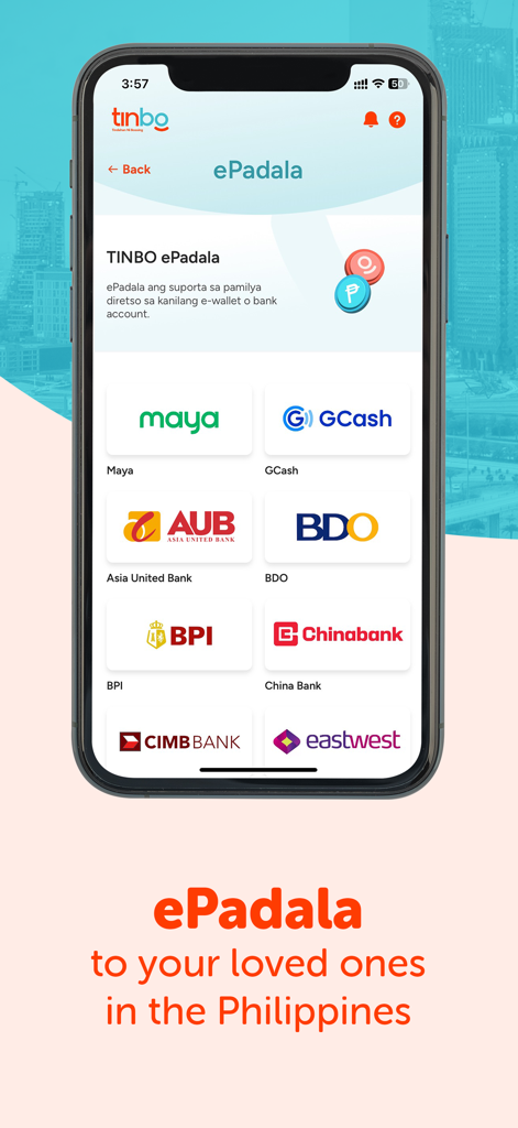 TinBo (Tindahan ni Bossing) - TinBo app screen showing ePadala remittance options to various Philippine banks and e-wallets like GCash and BDO.