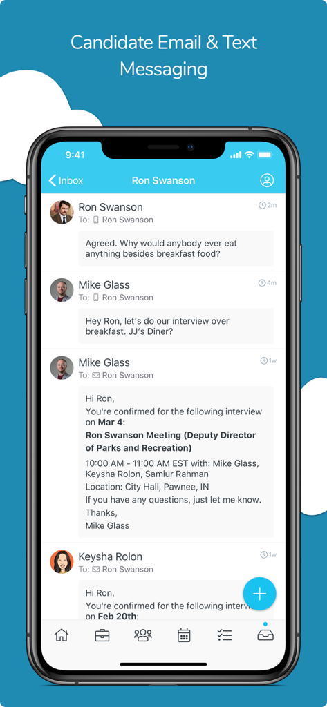 Breezy HR - Breezy HR mobile app interface showing a message and email thread with a job candidate named Ron Swanson.