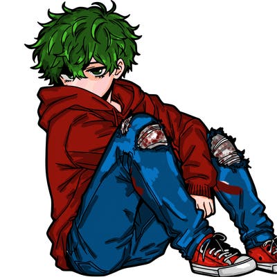 a male hoddie ripped jeans messy hair anime