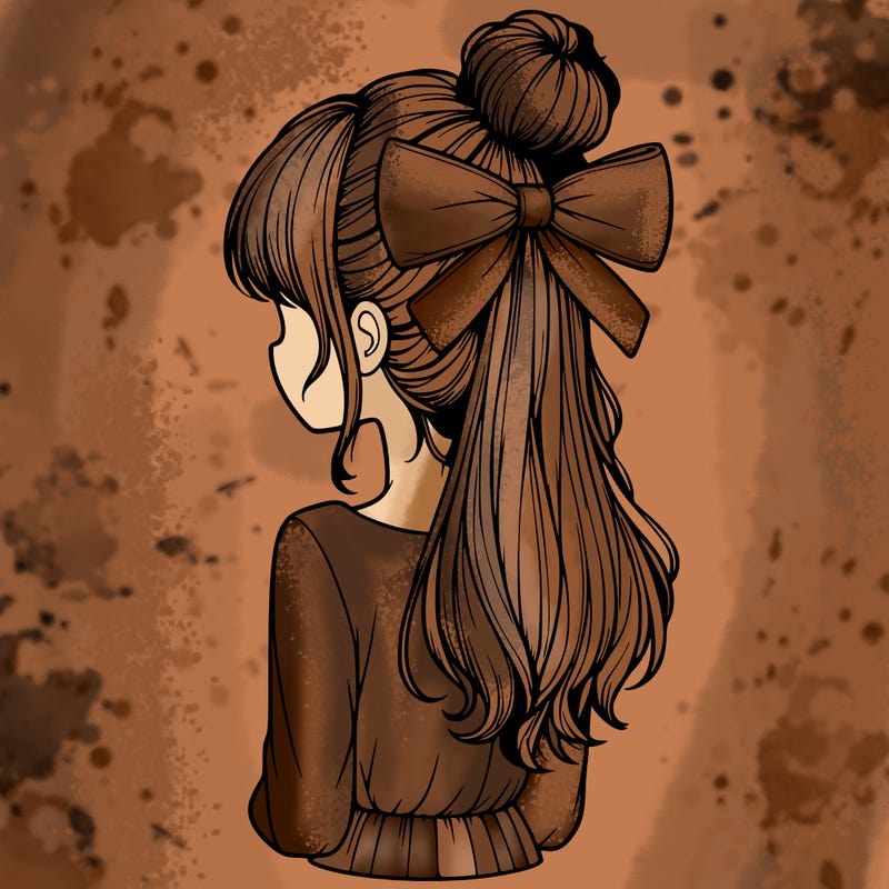 realistic girl  with hip length hair a bun and a big bow on the back of head