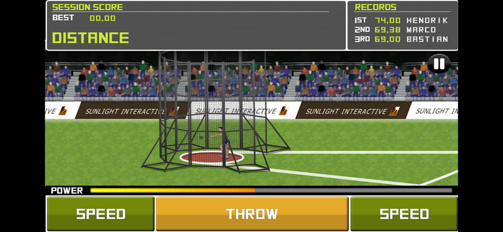 Hammerwurf-Wettbewerb im Deluxe Track and Field-Spiel mit Retro-Grafiken, die die Kraftanzeige und die Geschwindigkeitstasten zeigen.