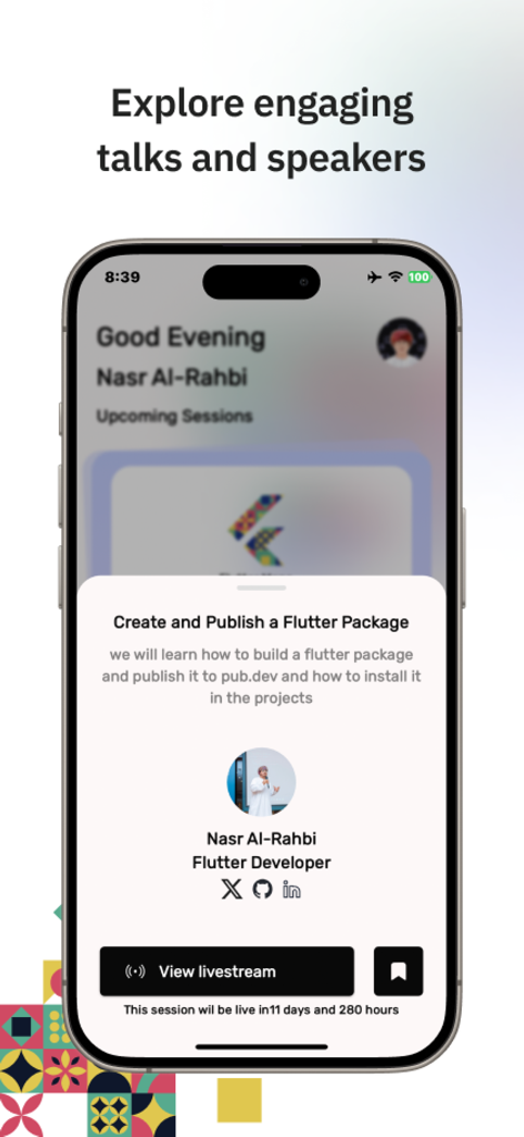 Flutter MENA Online Conference - Flutter MENA 온라인 컨퍼런스에서 'Flutter 패키지 생성 및 게시' 세션과 연사 Nasr Al-Rahbi의 세션 정보가 표시되는 모바일 앱 화면