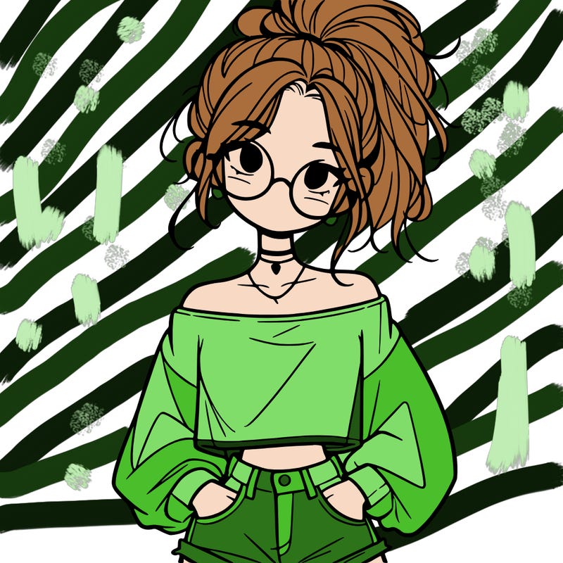 girl with a messy ponytail glasses a baggy crop top and jean shorts