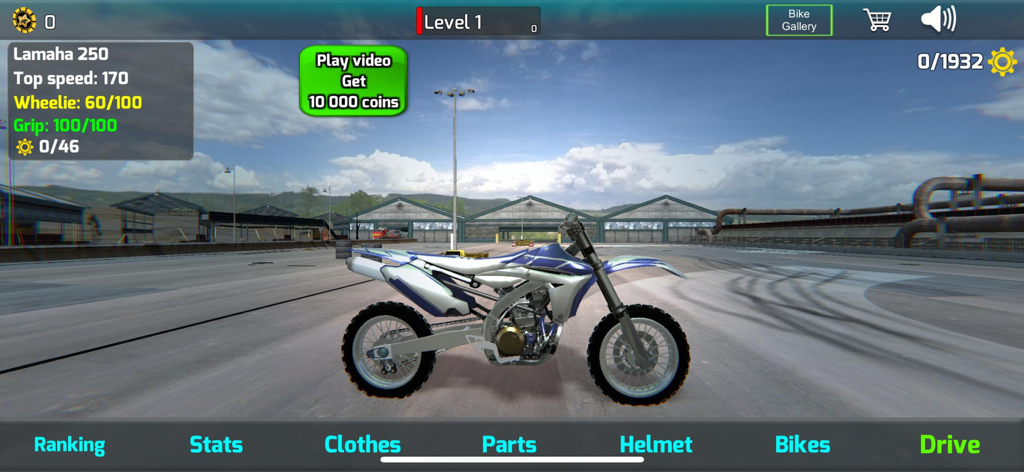 Wheelie King 4 - Una moto de cross blanca y azul en el garaje de personalización del juego móvil Wheelie King 4 mostrando estadísticas de la moto y opciones de mejora.