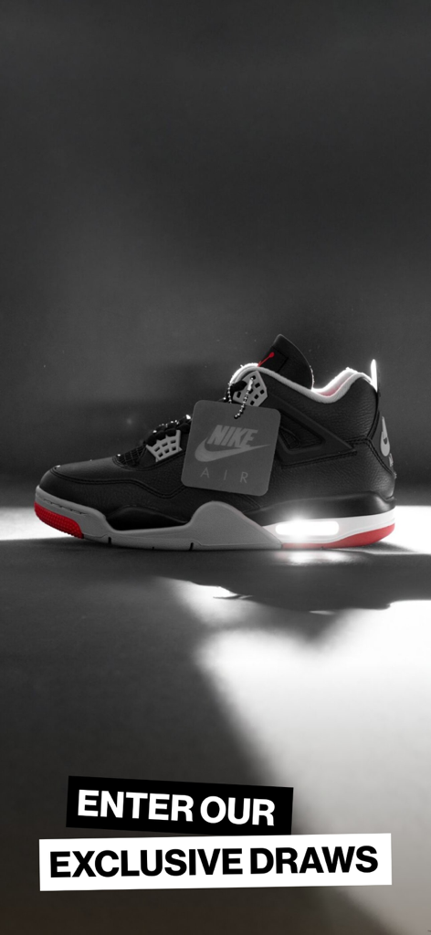 A black Nike Air Jordan sneaker showcased for exclusive draws on the Footpatrol Launches app