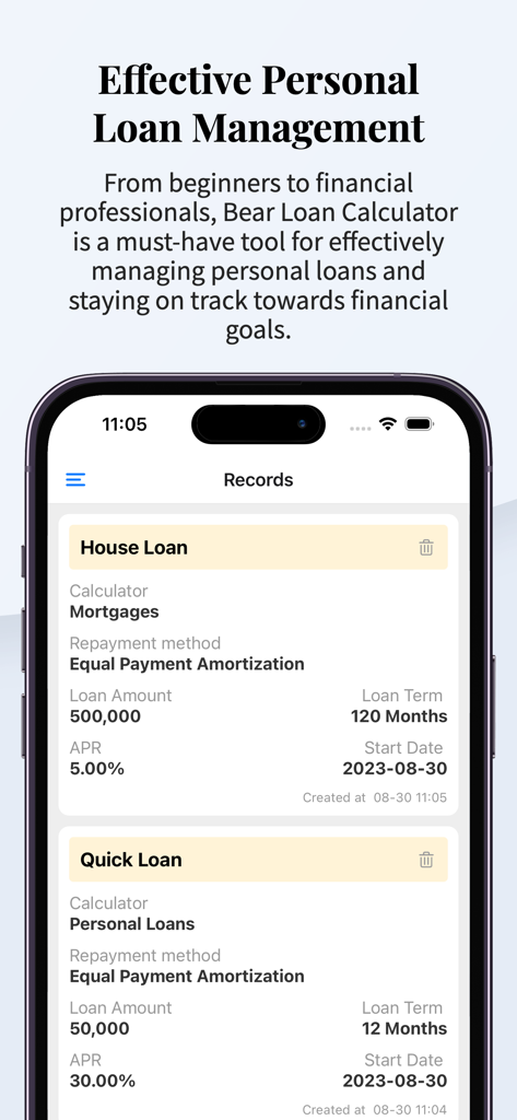 Bear Loan Calculator app records screen showing mortgage and personal loan summaries with payment details