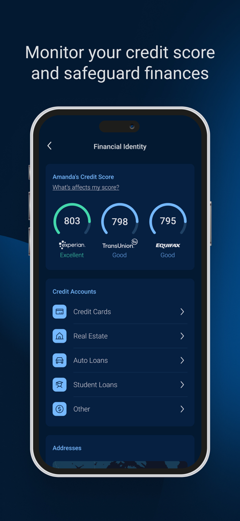 Cyrus Identity by Malwarebytes - Cyrus Identity app interface displaying triple bureau credit scores and financial account monitoring