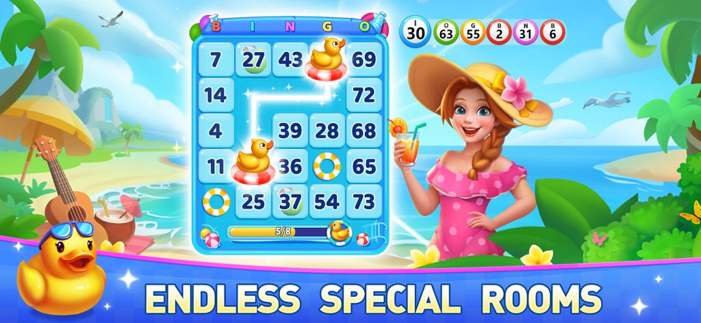 Bingo Vacation - Bingo Games - A tropical beach scene in the Bingo Vacation game featuring a bingo card and a woman in a sun hat.