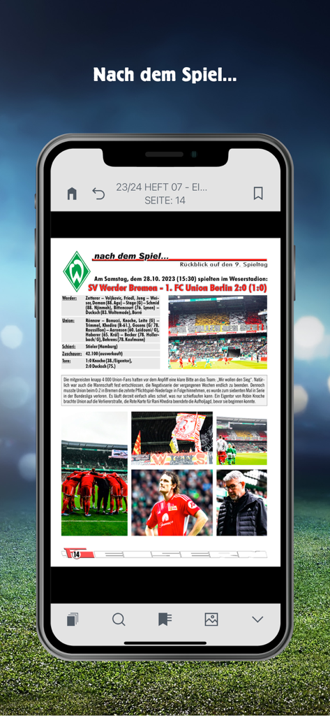 FCU KIOSK - Smartphone displaying a digital match review page from the 1. FC Union Berlin stadium magazine.