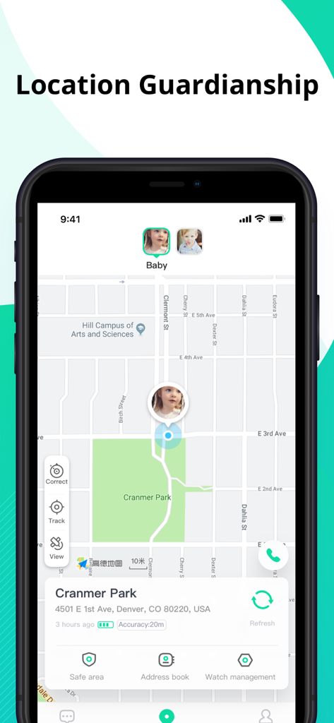 Safety Watch APP - Safety Watchアプリの画面。地図上に子供のリアルタイムGPS位置が表示されています。