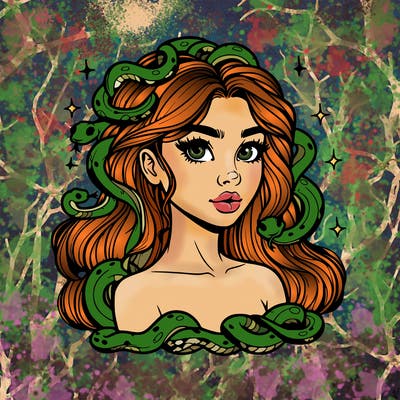 realistic girl with snakes as hair
