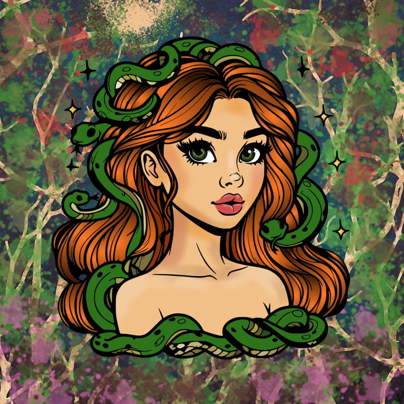 realistic girl with snakes as hair