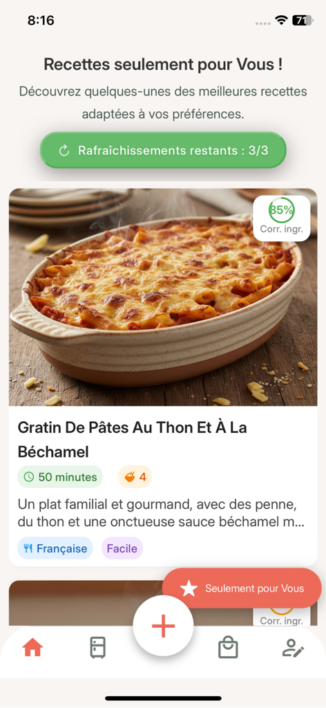 Kook • AI-powered Cooking - Kook app interface showing a personalized recipe for tuna pasta bake with ingredient match percentage.