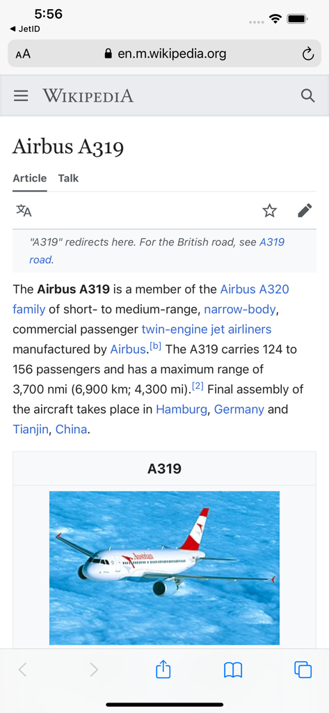 JetID - A mobile screenshot showing the Wikipedia article for an Airbus A319 with an image of the aircraft flying