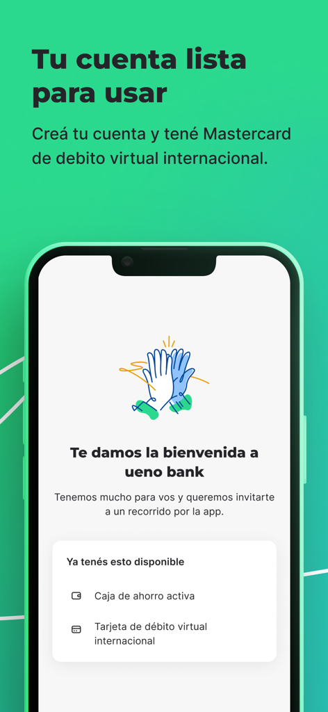 ueno - Pantalla de smartphone que muestra la página de bienvenida de la aplicación del banco ueno con una cuenta de ahorros activa y una tarjeta de débito virtual.