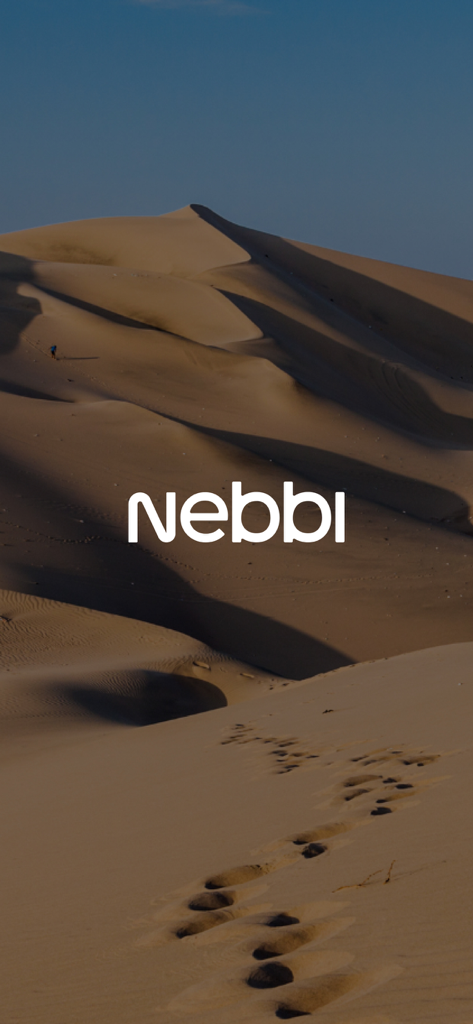 Nebbi App - Nebbi app logo displayed over a calm desert landscape with sand dunes and footprints.