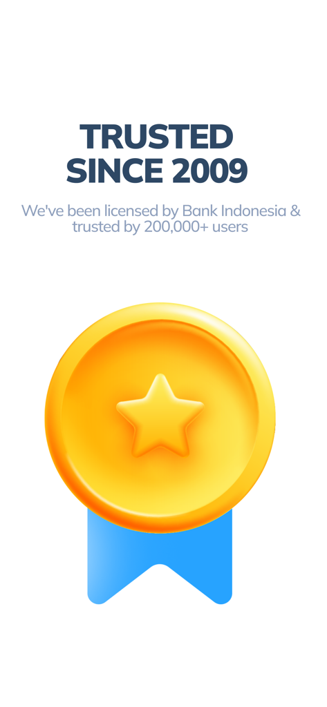 Topremit: Money Transfer - Topremit app trust badge showing its Bank Indonesia license and reliability since 2009