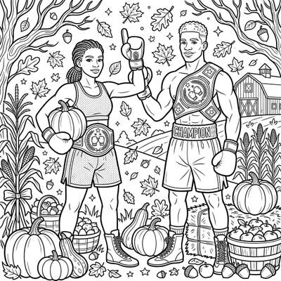 Celebrate strength and the beauty of fall with this unique coloring page! Dynamic boxing champions pose amidst a vibrant autumn harvest, ready for your creative touch.
