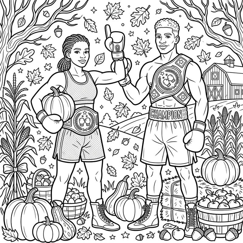Celebrate strength and the beauty of fall with this unique coloring page! Dynamic boxing champions pose amidst a vibrant autumn harvest, ready for your creative touch.